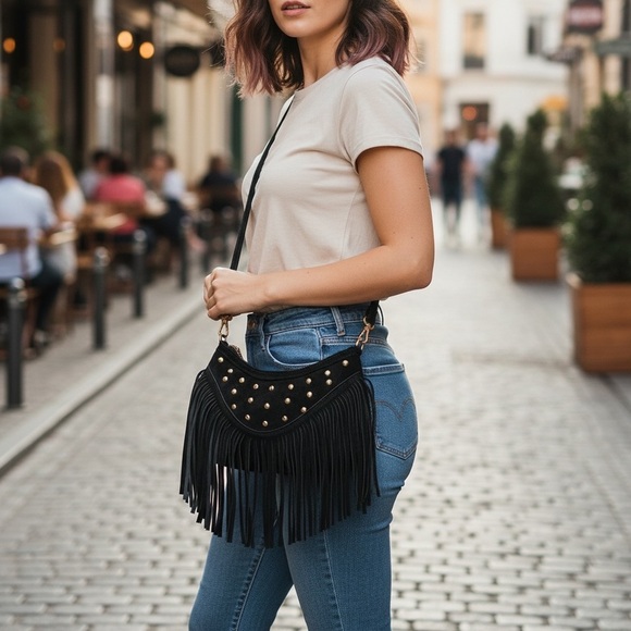 Boho Black Suede Fringe Shoulder Crossbody Bag - Picture 4 of 8